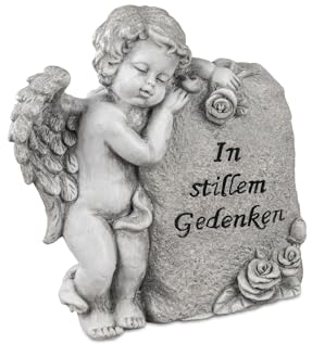 Grabengel stehend am Stein mit Spruch - In stillem Gedenken - Grabschmuck Trauerschmuck Trauerengel Grabfigur Trauerfigur Gedenkstein wetterfest