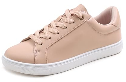Feversole Damen Mode Leicht Frühling Sommer Veganes Leder Sneaker Casual Komfort Walking Schuhe, Nude Farbe Weiß Sohle Große Öse 41