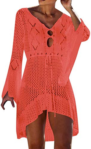 Strandklänning vit virkad – klänning A-linje boho – strandklänningar dam långärmad bikini cover up strand kaftan elegant sommarklänning strandponcho sommar strandsemester fransar badponcho knälång