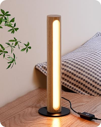 EDISHINE LED Table Lamp, Dimmable Bedside Lamp, 3 Colors Temperature, Touch Lamp for Living Room Bedroom Office, Natural Wood Frame, Round