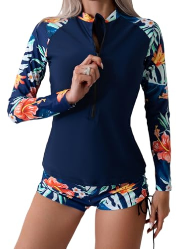 Owntop 2-delad Rash Guard för damer, långärmad baddräkt UV UPF 50+ simtröja, dragkedja Rash väst, blommig badmode med högt snitt pojkshort underdel för simning surfning, apelsin, M