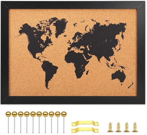 Tablero de corcho mapa del mundo, 26 x 36 cm, tablones de anuncios para paredes con 10 pines, mapa de seguimiento de viajes para oficina, escuela y hogar (WD-MAP-2636)