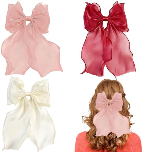 GWAWG Purple Bow Hair Clip Set - 3 Pcs Hair Bows for Girls, Women Hair Accessories, Elegant Pink, Black, White Bow Clips, French Automatic Hair Pins, Decorative Hair Bow Set (White Pink Red)