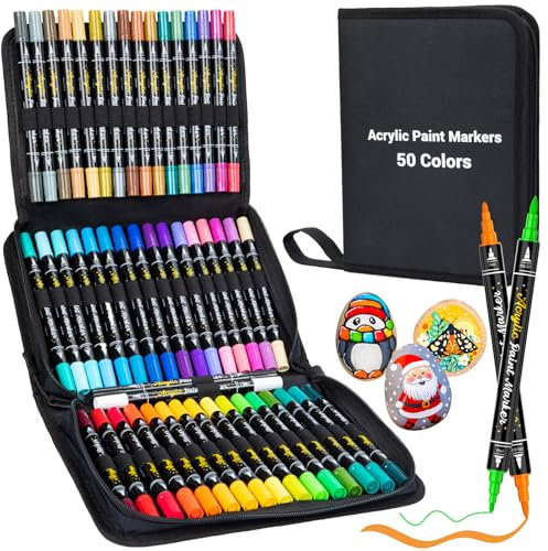 APOGO Acrylic Paint Pens - 50 Colours Dual Tip Acrylic Markers, Fine & Brush Tip Paint Markers Pens for Colouring Rock Painting Stone Wood Glass Ceramic Plastic Fabric Canvas