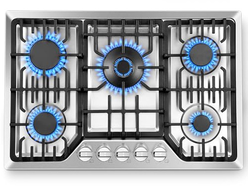 Amzgachfktch Gas Cooktop 30 Inch with 5 Italy SABAF Powerful Burners, Max 48,300 BTU/hr Gas Stove Top, Built-in 304 Stainless Steel Propane Stove, NG/LPG Convertible, CSA Certified