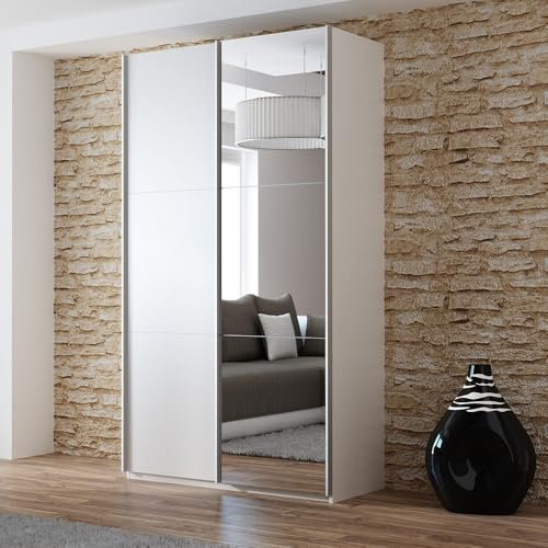 Gaba furniture Premium V1 122 cm White Sliding Door Wardrobe with Mirror Widths 122/150/200/250 cm Living Room Wardrobe with 2 Hanging Rails Colours White/Black/Graphite
