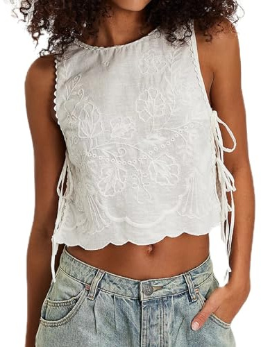 Women Side Tie Tank Top Dupe Y2k Floral Embroidery Crop Vest FP Flower Embroidered Babydoll Blouse Sleeveless Going Out Shirts Camisole(Flowers White,Medium)