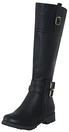 YIzdegg Knee-High Boots Women's Flat Long Shaft Boots Women's with Buckle Leather Boots Round Toe Cap Overknee Boots Elegant Winter Boots Vintage Motorcycle Boots Lightweight Transition Boots, black