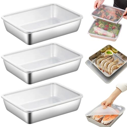 Bandeja para Hornear con Tapa de PP 3 Piezas Bandeja de Acero Inoxidable de Grado Alimenticio de 10x8x2 Pulgadas con Borde Enrollado Contenedores de Almacenamiento de Alimentos Apilables Pulidos Fáci