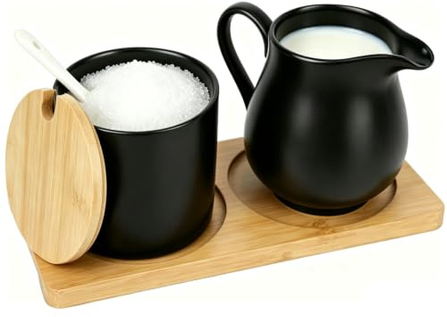 Mjölk- och sockersats, keramisk mjölkkanna och sockerskål med lock och sked, mjölkkanna porslin, gräddkanna med träbricka, gräddkanna mjölkbehållare, mikrovågsugns- och diskmaskinssäker (svart)