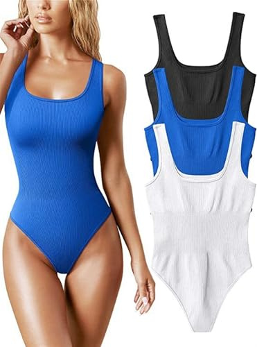 JXHSWDG 3-delade bodysuits för kvinnor Sexiga ribbade fyrkantiga halsringar Ärmlösa linne Body, Thong Shapewear Bodysuits