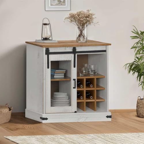 GeenYuu Halden Sideboard White 80 x 40 x 80 cm, Solid Pine Wood with Sliding Door, Wine Bottle Holder, Slim Chest of Drawers for Living Room, Bedroom