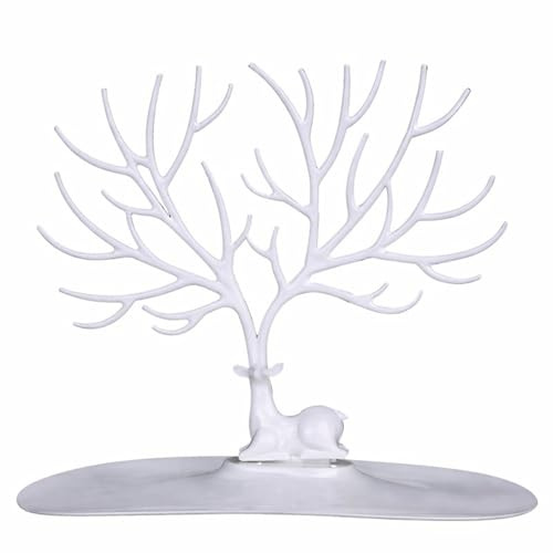 PARENCE - Présentoir à Bijoux Arbre Cerf – Organisateur Boucles d’Oreilles, Bracelets et Colliers – Support Décoratif Blanc avec Base Large