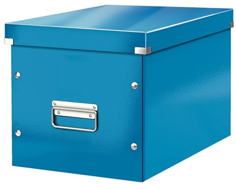 Leitz Click & Store Aufbewahrungsbox mit Deckel Groß, Würfelbox passend für Kallax Regale in Wohnzimmer oder Büro, Box aus 80 % recycelter Premium-Hartpappe, Stabile Metallgriffe, Blau, 61080036