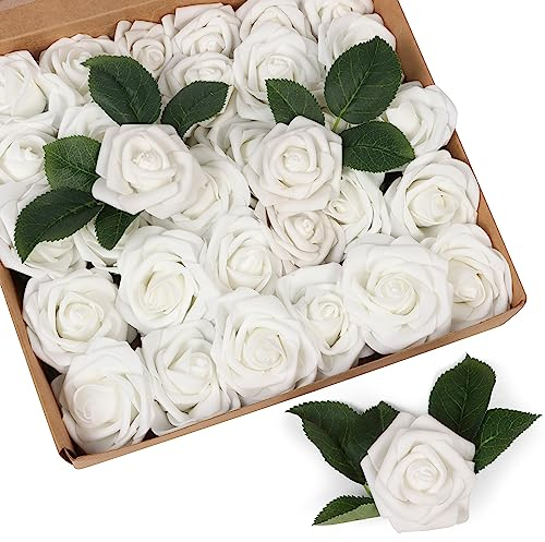 Belle Vous Fake Artificial White Foam Roses With Stem (50 Pack) - 19cm/7.48 inches - Realistic Flowers - Home, Party & Wedding Decorations - For DIY, Bridal Shower Bouquets & Centrepieces/Arrangements