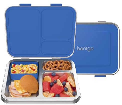 Bentgo Kids Stainless Steel Leak-Resistant Lunch Box - 3-Compartments with Bonus Silicone Container, Durable, Eco-Friendly, Dishwasher Safe, BPA-Free, Ideal for School, Ages 3+ (Blue)
