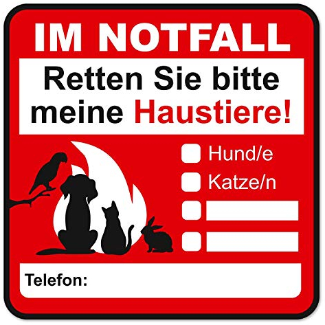 Hinweis-Aufkleber Set Haustier-Rettung I 2 Stück I 8 x 8 cm I Im Notfall retten Sie bitte meine Haustiere! I zum Ausfüllen I für Haus-Tür Kühlschrank und Auto I hin666
