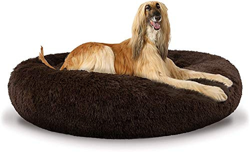 JRUI Weiches Hundebett Rund plüsch Haustierbett Korb Donut Hundehöhle Kuschelkissen Warme kuscheliges Hundesofa für Mittelgroße und Große Hunde- Braun 120x120x26cm
