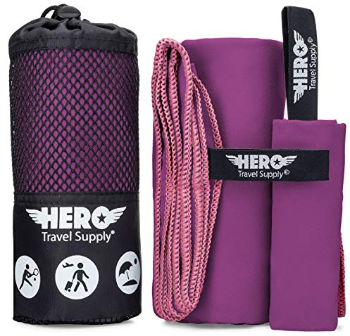 Hero Microfiber Travel Towel (24x48”) Quick Dry, Lightweight, & Compact for Beach, Camping, Gym & Hiking. Fast Drying Microfiber Beach Towel with Bonus Washcloth + Carry Pouch