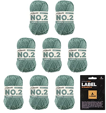 myboshi No.2 inkl. Label, Baumwolle zum Häkeln und Stricken, für Baby und Amigurumi, vegan, 60 Grad waschbar, 50g, Ll 100m Grün (Agave), 8 Knäuel