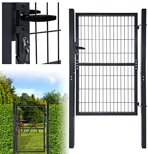 LZQ Porte de jardin anthracite robuste et durable - Verrouillable - Protection contre la corrosion et durabilité - Avec poteaux de porte - Poignées en plastique et serrure à mortaiser (150 x 100 cm)