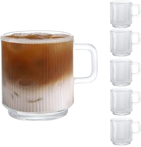 D.M DESIGN·MASTER [Lot de 6, 350ML - Tasses à Latte Macchiato en Verre avec anse, Stries verticales Tasse. Tasse à café ou à thé, Parfait pour le café au Latte, Cappuccino, Macchiato.