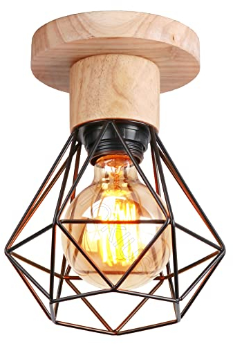 TOKIUS Deckenlampe, 16CM Vintage Deckenleuchte im Industrial Design Retro E27 Lampe aus Holz Eisen Käfig Pendelleuchte Schwarz (1 Stück)