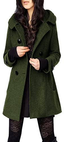 Tanming Women's Warm Double Breasted Wool Pea Coat Trench Coat Jacket with Hood (Armygreen-M)