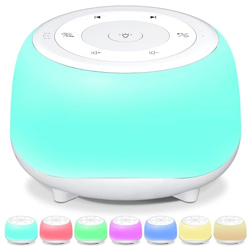 HEYAXA White Noise Sound Machine with 7 Colors Night Light 34 Soothing Sounds, Portable Sound Machine for Baby Adults Kids Sleep with 30 Volume Levels 4 Timers Adjustable Brightness (White)