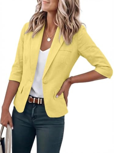 IDEALSANXUN Linen Blazer Women 2026 Cropped Blazers Spring Summer 3/4 Sleeve Lightweight Jackets Business Casual Outfits Office Work Tops, Yellow, L