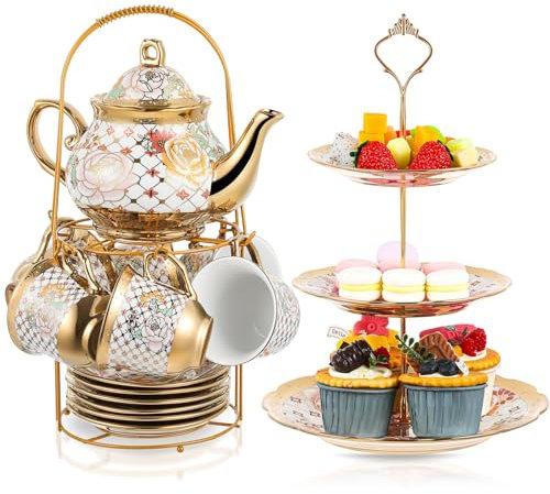 Maxcheck 21 Pcs Porcelain Tea Set for Women Tea Party, Stylish Style
