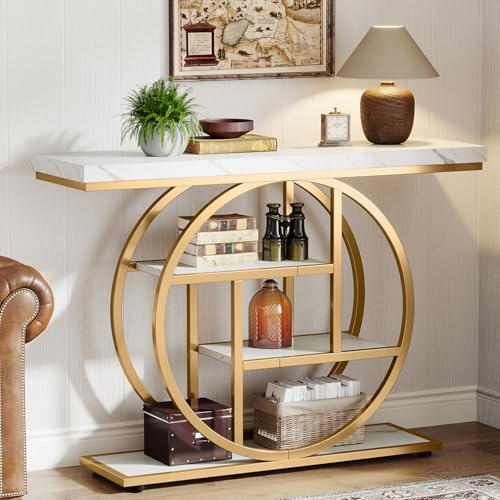 Tribesigns 41.3 Console Table, Industrial 4-Tier Sofa Entryway Table with Circle Base, Narrow Wood Accent Tables with Storage Shelves for Living Room, Hallway, Foyer, White Gold