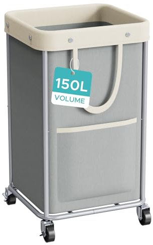 JYPS Panier à Linge sur Roulettes, 150L Grande Capacité Paniere a Linge Sac à Linge Amovible, Bac a Linge Stabilisé en Tube D'acier avec poignée, Laundry Basket pour la Chambre, Bain,Buanderie(Gris)