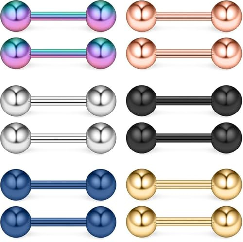 Koprek Tongue Bar Balls, Titanium & Steel Straight Barbell Piercing Jewelry – 14G 14MM Tongue Rings, Nipple Bars (12PCS Multicolor) for Safe & Stylish Wear
