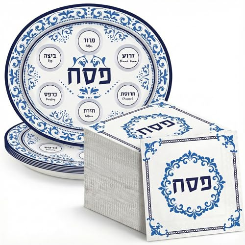 Dereinwo 50 Pcs Passover Seder Oval Plates and Napkins Disposable Paper Plates and Napkins for Pesach and all Seder