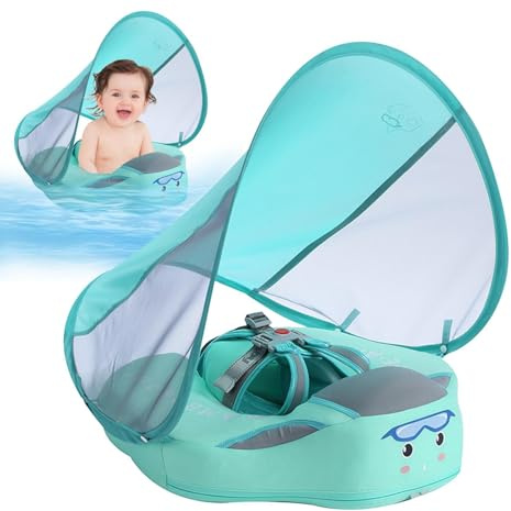 Zahoken Flotador Bebe con Sombrilla, Colchoneta De Piscina Sin Necesidad De Inflado, Flotador Bebe con Sombrilla Y Asiento De Seguridad, Flotie con Protección Solar para 3-24 Meses Playa Viajes