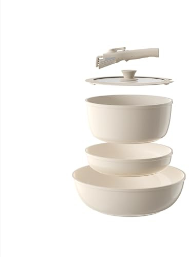 Keramiskt Anti-Klistrigt Kastrull & Stekpanna Set med Avtagbart Handtag - RV Camping Köksredskap, Säker för Ugn/Diskmaskin, Induktionsanpassat & Platsbesparande