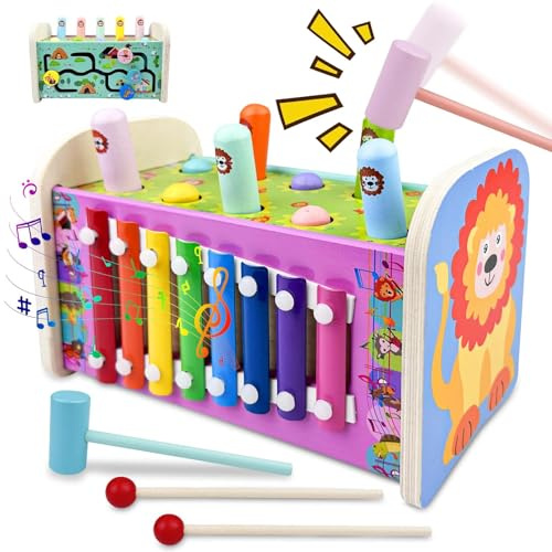 Crynvor 3 en 1 Jouet Xylophone Bebe, Montessori Marteau en Bois Jouet, Jeux Chasse Taupe, Enfants Banc À Marteler, Jeu Motricité Fine Développement Cadeau pour Enfant Garçons Filles 1 2 3 4 Ans