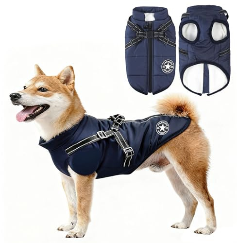 Abrigo Invierno Perro, Abrigo para Perro con arnés, Chaqueta de Invierno para Perros, Abr-igo Impermeable para per-Ros, para Medianos Grande Perros (Azul)