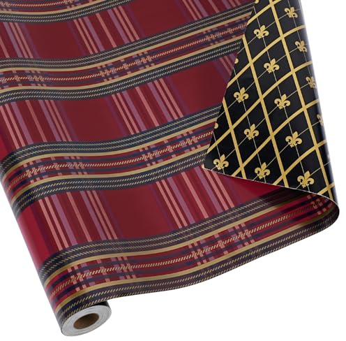 BIOBROWN Vändbar minirulle julklappspapper, rödrutig och svart med gyllene liljemönster, för jul, högtids- och säsongsbetonade presentförpackningar, 43 x 10 m (4,3 m²)