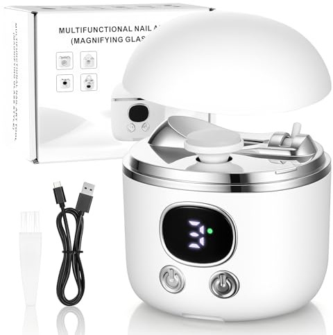 Cortaúñas Eléctrico, Cortaúñas Automático con Lupa de Luz LED, Función de Corte y Pulido Automático + Almacenamiento de Restos de Uñas, 3 Niveles de Velocidad + Indicador (Blanco) ﻿