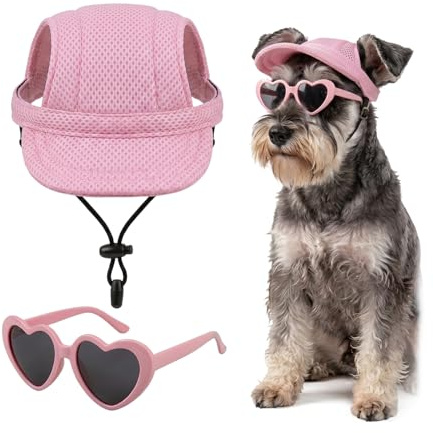 JOVYTH Cappello Sole Cane con Fori Orecchie,Occhiali Sole Cuore Cane Gatto con Fascia Silicone Antiscivolo,Berretto Baseball Regolabile Animale Protezione Sole Estate Cucciolo Accessorio Foto