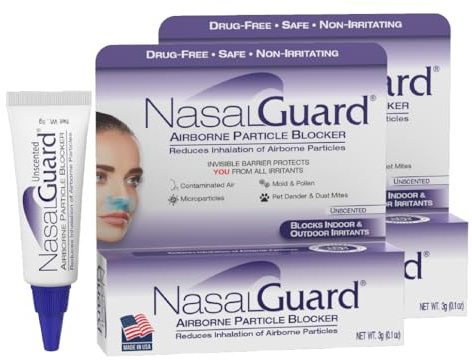 NasalGuard Airborne Particle Blocker Gel - Helps Reduce Inhalation of Allergens, Pollutants & Irritants - Drug-Free, Daily Use, Made in USA (Unscented, 3g, Pack of 2), Over 150 Applications