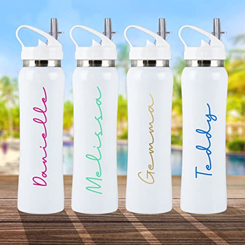 eBuyGB Personalised White Stainless Steel Water Bottle with Flip Straw - Love ANY NAME Vinyl Island Inspired Font, Metal 800ml Reusable Drinks Bottle