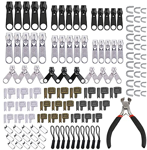 Gativs Reisverschlussreparaturset 122 Stück Reissverschluss Reparatur Reißverschluss Zipper Ersatz Reissverschluss Zipper Reisverschlussreparaturset Zipper Ersatzteile Zipper mit Zange