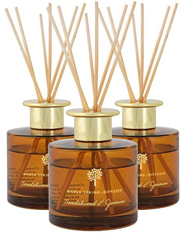 Nicola Spring Sandalwood & Jasmine Scented Reed Diffuser - 200ml - Pack of 3 - Aromatherapy 6 Sticks Air Freshener Home Fragrance Diffuser Fragrant Gift Set for Kitchen, Bathroom, Home