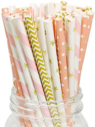 Cannucce di Carta,Cannucce per Cocktail 100 Pezzi Biodegradabile Cannucce per Bevande Tropicali Festa di Compleanno Matrimoni, Natale,Docce Bambino, Celebrazioni e Feste