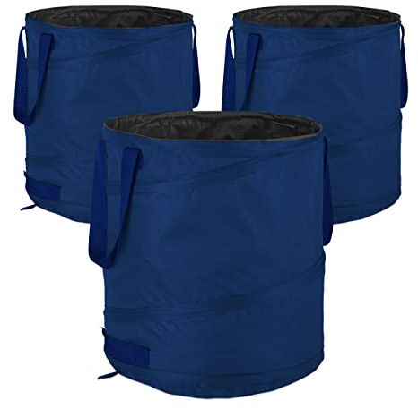 Relaxdays Laubsack, selbstaufstellend, 3er Set, 85 L, Pop Up Gartensack, mit 3 Griffen, UV-beständig, wasserdicht, blau