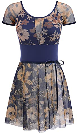 FYMNSI Damen Ballettanzug Ballettbody Tanz Body mit Ballettrock Wickelrock Gymnastikanzug Trikot Kurzarm Bodysuit Blumenmuster Mesh Turnanzug Gepolstert R?ckenfrei Leotard Ballettkleid Dunkelblau M