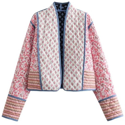 Yimoon Women's Quilted Jacket Lightweight Floral Print Cropped Puffer Coat Short Padded Open Front Winter Outwear, Pink, M